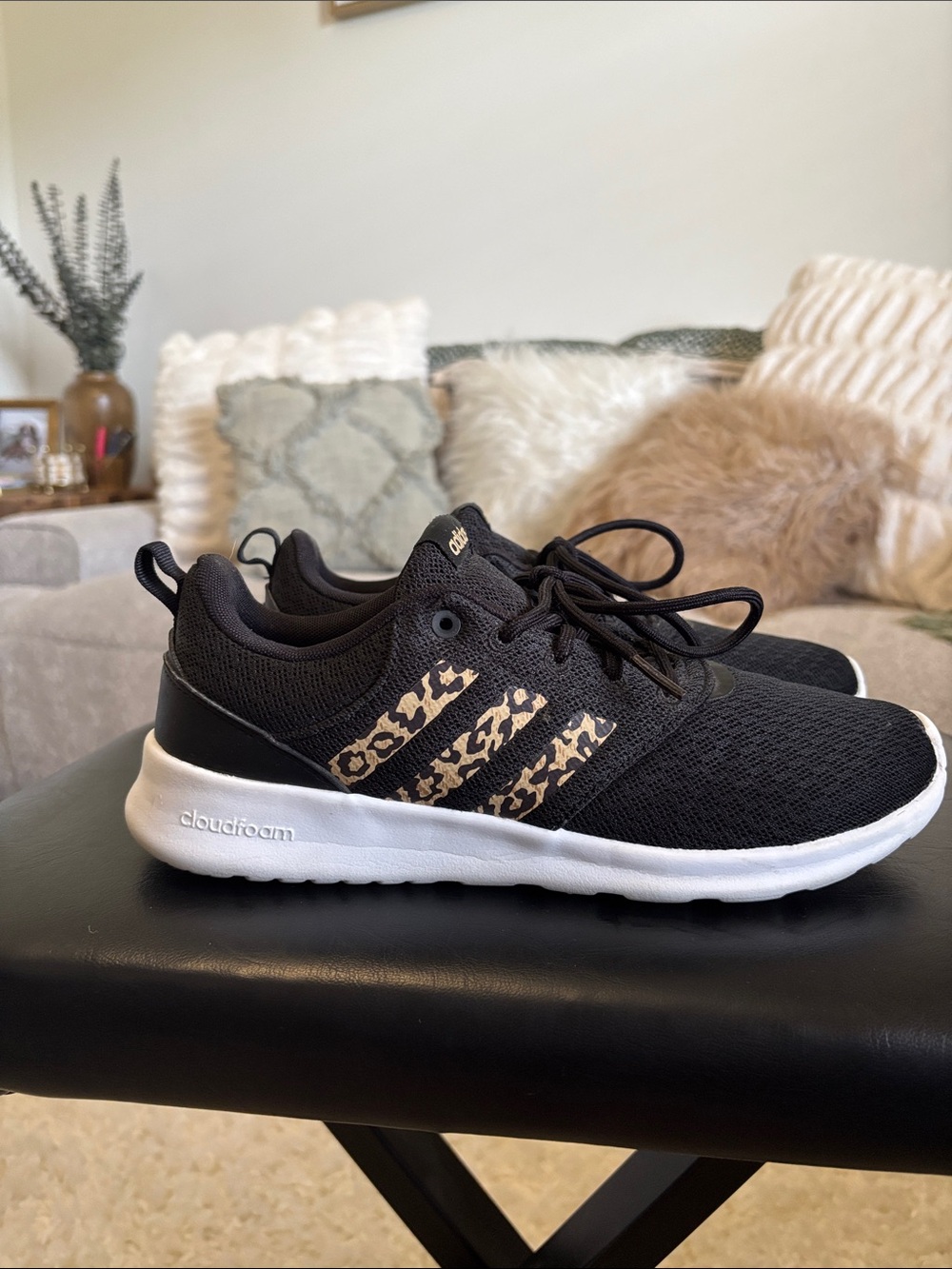 adidas Women’s Black Runners with Leopard-Print Three Stripes
